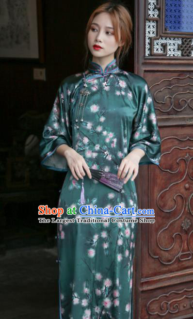 Republic of China National Printing Deep Green Silk Cheongsam Traditional Young Lady Slant Opening Qipao Dress