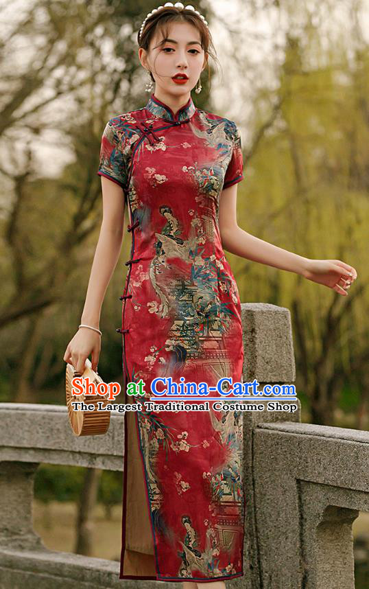 Republic of China National Woman Mother Cheongsam Traditional Printing Red Qipao Dress