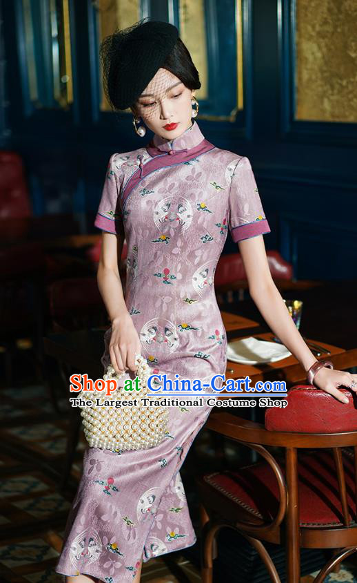 China Traditional Minguo Shanghai Young Lady Printing Crane Lilac Qipao Dress Classical Stand Collar Cheongsam