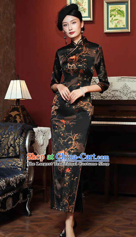 China Classical Shanghai Rich Concubine Cheongsam Traditional Minguo Young Woman Black Silk Qipao Dress