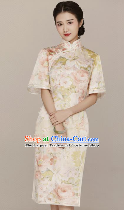 China Traditional Mandarin Sleeve Qipao Dress Classical Printing Flowers Silk Cheongsam