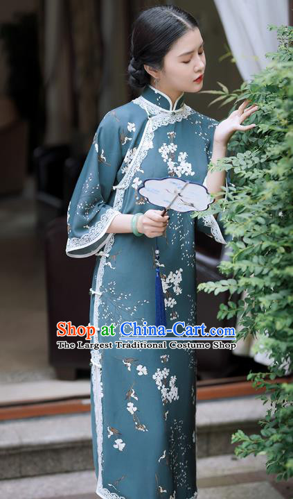 Republic of China Classical Printing Blue Qipao Dress Traditional Minguo Young Lady Mandarin Sleeve Cheongsam