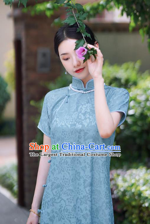 Republic of China Blue Silk Qipao Dress Traditional Minguo Shanghai Lady Classical Squirrel Grape Pattern Cheongsam