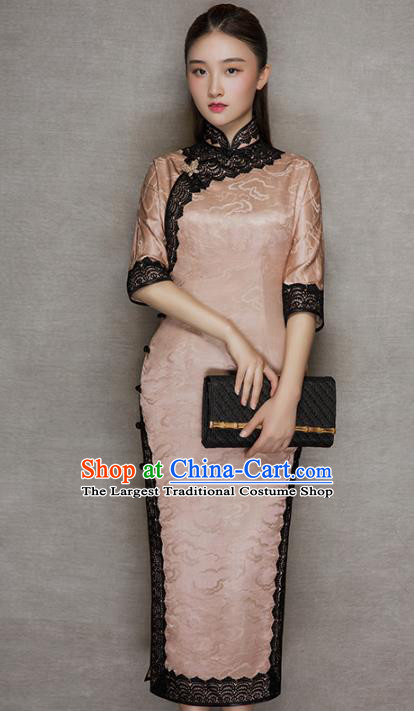 China Traditional Lace Stand Collar Qipao Dress Classical Cloud Pattern Pink Silk Cheongsam