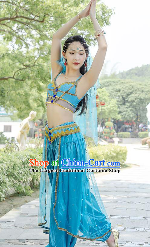 Indian Belly Dance Bollywood Princess Jasmine Blue Top and Pants Uniforms Folk Dance Performance Clothing