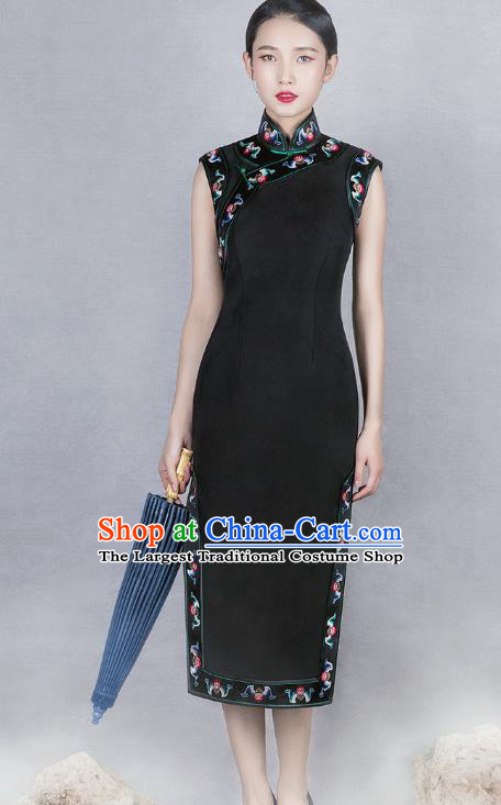 China Classical Stand Collar Black Silk Cheongsam Traditional Minguo Embroidered Sleeveless Qipao Dress