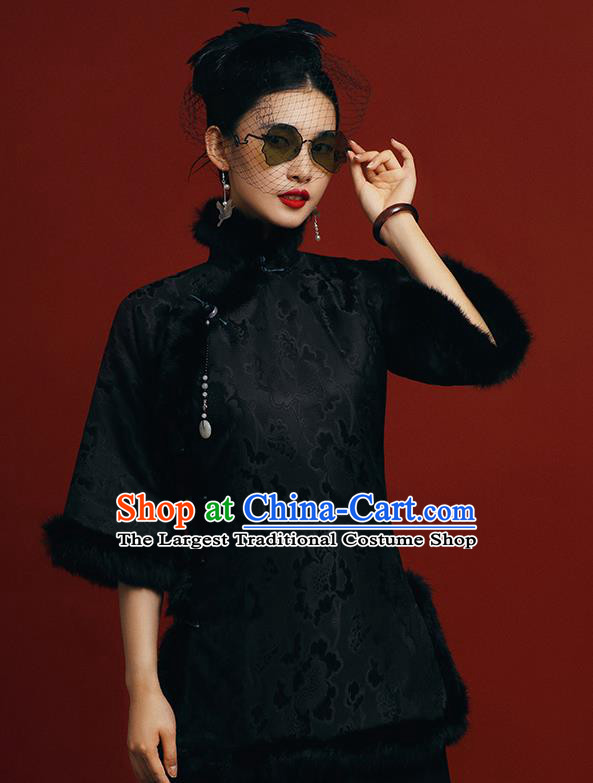 Chinese Tang Suit Overcoat Outer Garment Clothing National Winter Black Silk Cotton Wadded Jacket