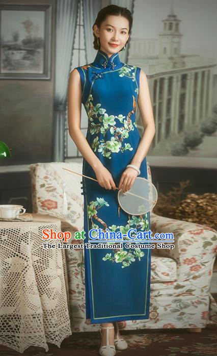 China Classical Embroidered Mangnolia Cheongsam Traditional Minguo Shanghai Blue Silk Qipao Dress