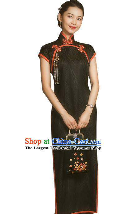 China Classical Stand Collar Cheongsam Traditional Minguo Shanghai Woman Black Silk Qipao Dress