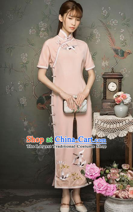 China Classical Embroidered Cranes Cheongsam Traditional Minguo Young Lady Light Pink Qipao Dress