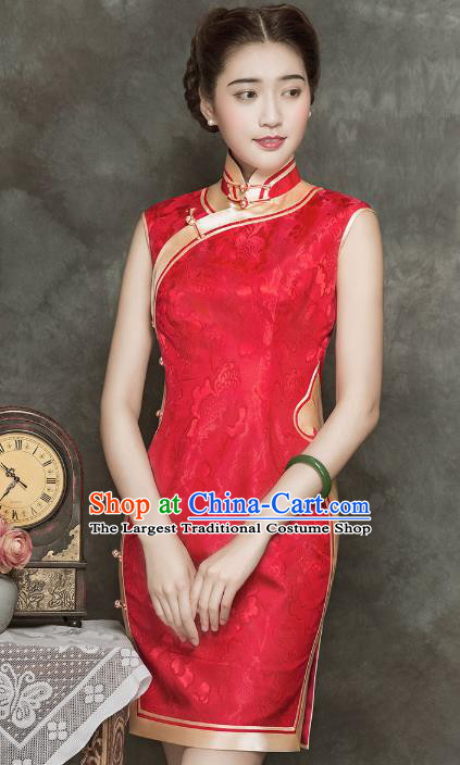 China Modern Red Silk Cheongsam Traditional Wedding Bride Short Qipao Dress