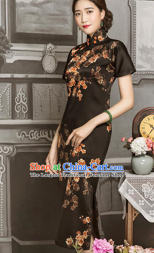 China Classical Shanghai Rich Woman Cheongsam Traditional Minguo Young Mistress Black Silk Qipao Dress