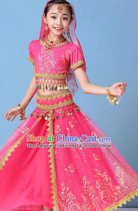 Indian Girls Belly Dance Pink Uniforms Bollywood Performance Top and Skirt Children Dance Clothing