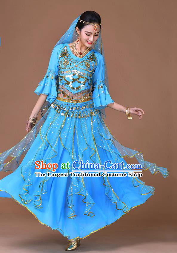 Indian Bollywood Dance Sequins Blouse and Skirt Sexy Dance Clothing Belly Dance Training Blue Uniforms