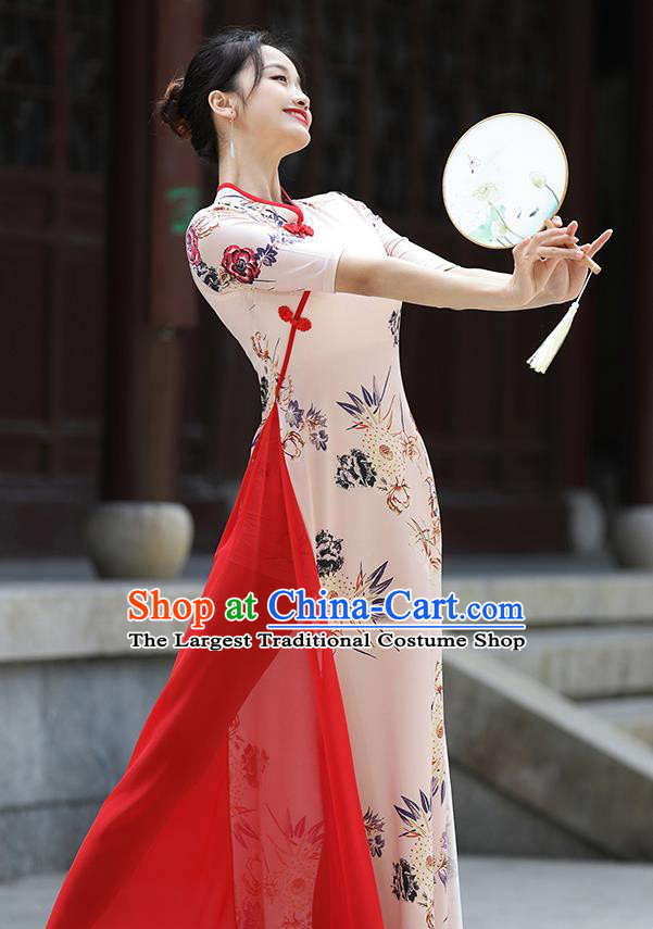 China Classical Dance Clothing Palace Fan Dance Printing Qipao Dress Stage Performance Dancewear