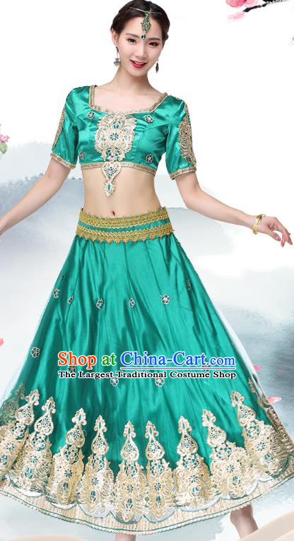 Indian Bollywood Dance Dress Belly Dance Clothing Asian Performance Costume Embroidered Green Blouse and Skirt