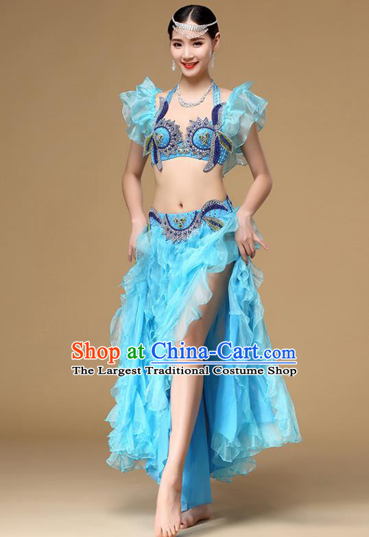 Asian Oriental Dance Blue Uniforms Indian Dance Sexy Clothing Belly Dance Performance Bra and Skirt