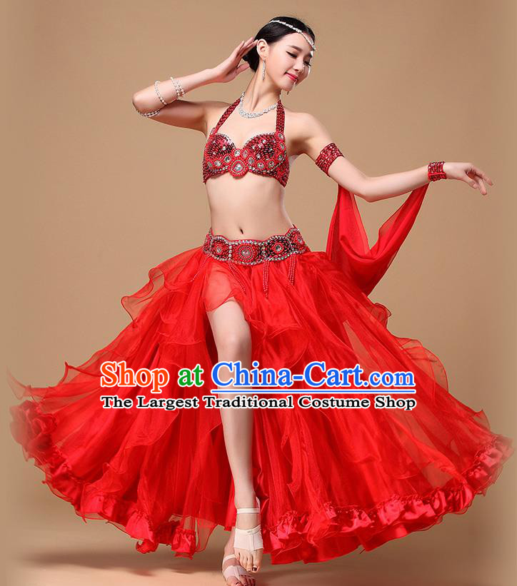 Indian Oriental Dance Clothing Asian Stage Performance Bra and Skirt Top Belly Dance Competition Red Dress