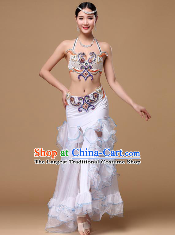 Indian Belly Dance White Uniforms Asian Oriental Dance Clothing Traditional Stage Performance Bra and Fishtail Skirt