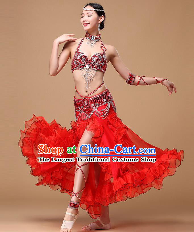 Indian Performance Beads Tassel Bra and Skirt Traditional Belly Dance Red Uniforms Asian Oriental Dance Costumes