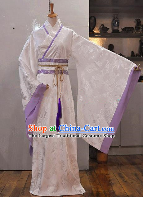 Chinese Han Dynasty Scholar Garment Costumes Ancient Nobility Childe Hanfu Clothing Drama Cosplay Crown Prince White Apparels