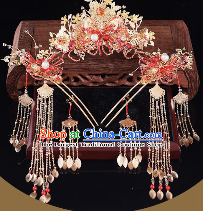 Chinese Traditional Wedding Hair Accessories Classical Xiuhe Suit Hair Crown and Tassel Hairpins Bride Headdress