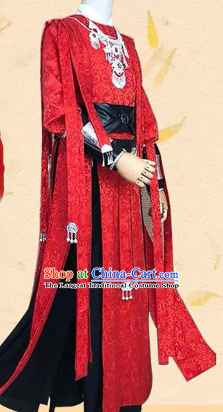 Chinese Tang Dynasty Swordsman Garment Costumes Ancient Knight Clothing Cosplay Chivalrous Male Red Apparels