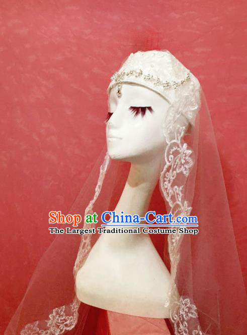 Chinese Traditional Hui Nationality Wedding Headdress Ethnic Bride Embroidered White Veil Hat