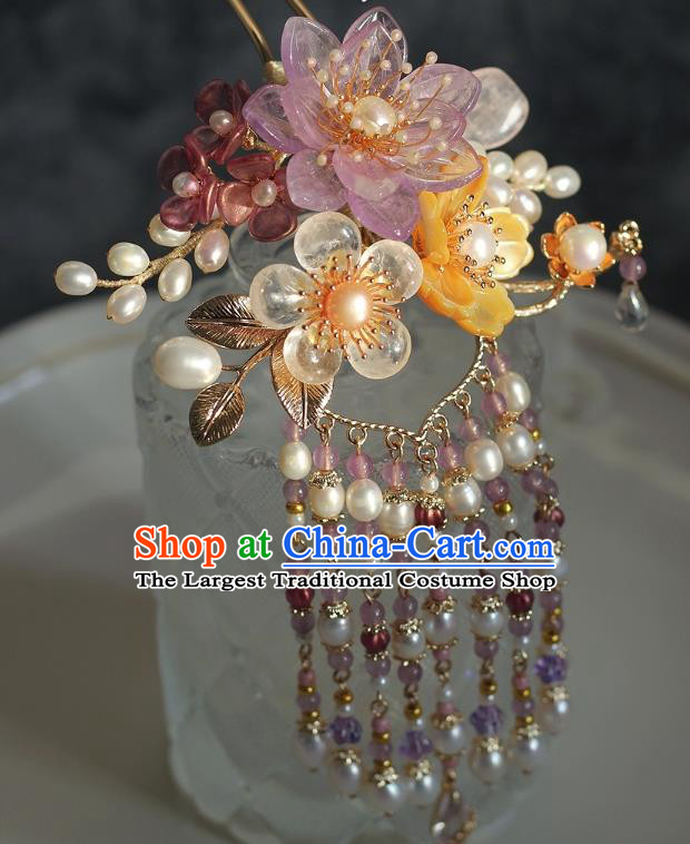 China Ancient Princess Amethyst Flower Hairpin Ming Dynasty Pearls Tassel Hair Stick Traditional Hanfu Headpiece