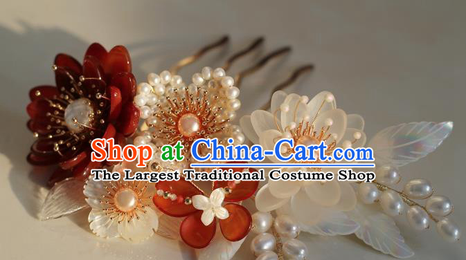 China Ancient Princess Agate Peony Hairpin Song Dynasty Pearls Hair Comb Traditional Hanfu Headwear