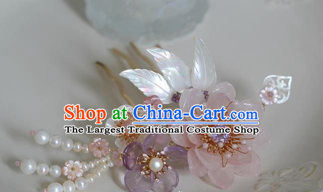 China Ancient Princess Rose Quartz Hairpin Ming Dynasty Palace Lady Shell Hair Comb Traditional Hanfu Hair Accessories