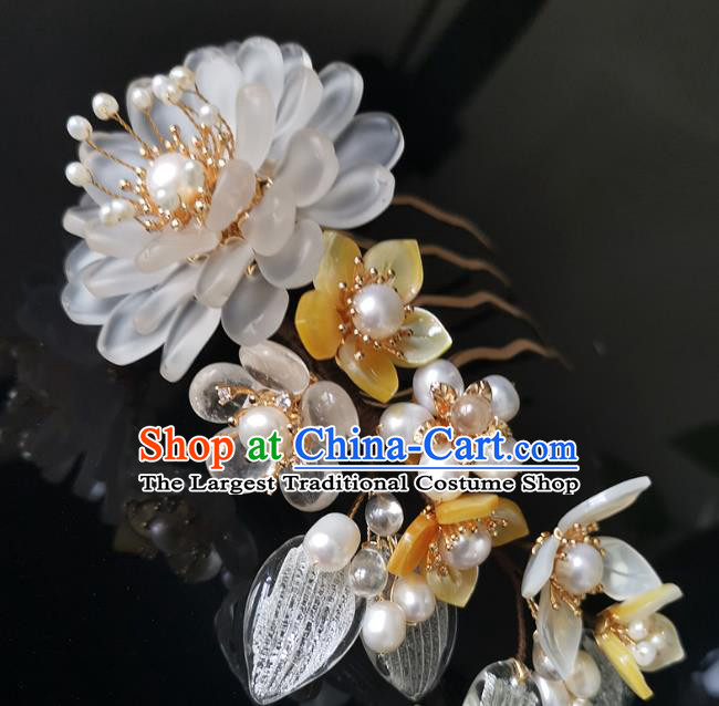 China Ancient Palace Lady Pearls Hairpin Ming Dynasty Shell Flowers Hair Comb Traditional Hanfu Hair Accessories