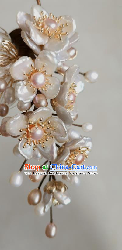 China Traditional Song Dynasty Hanfu Hair Accessories Ancient Court Woman Shell Plum Hairpin Handmade Pearls Hair Stick