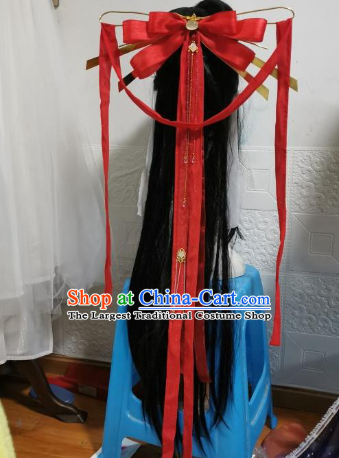 China Traditional Hanfu Cosplay Swordswoman Hair Accessories Ancient Young Beauty Headdress Handmade Red Ribbon Hair Crown