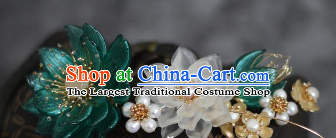 China Ming Dynasty Young Lady Green Lotus Hair Stick Traditional Hanfu Headpiece Ancient Princess Pearls Hairpin