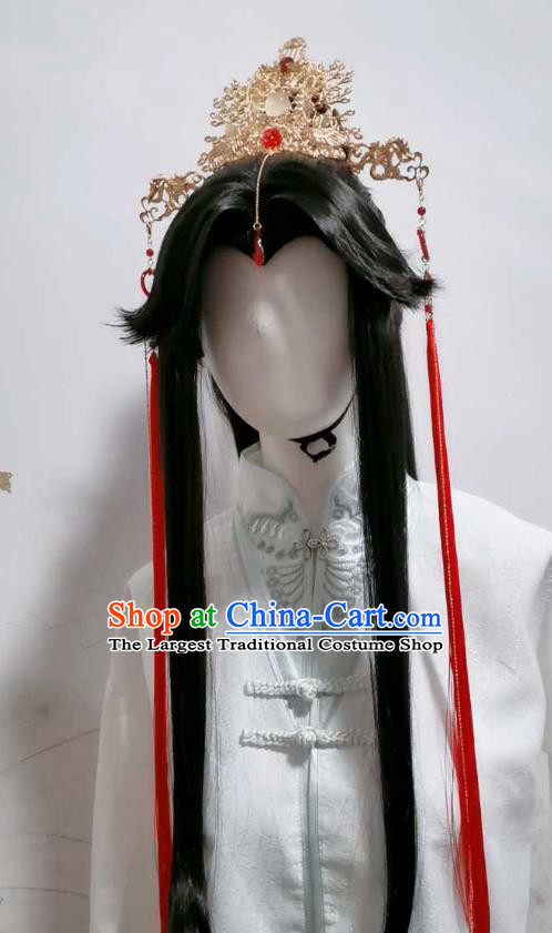 Chinese Ancient Prince Golden Hair Crown Traditional Hanfu Wedding Headdress Cosplay Swordsman Tassel Hair Accessories