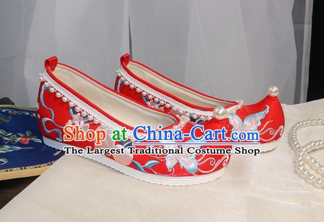 Chinese Wedding Pearls Shoes Traditional Hanfu Shoes Ancient Princess Shoes Ming Dynasty Red Embroidered Shoes