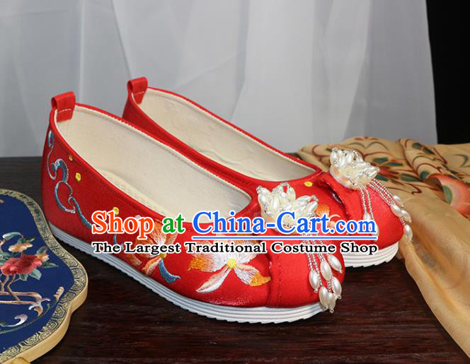 Chinese Embroidered Lotus Shoes Wedding Red Cloth Shoes Traditional Ming Dynasty Hanfu Shoes Ancient Princess Shoes