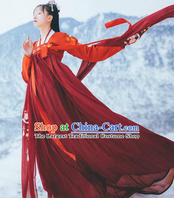 China Tang Dynasty Young Lady Historical Clothing Ancient Village Girl Red Hanfu Dress Traditional Garments