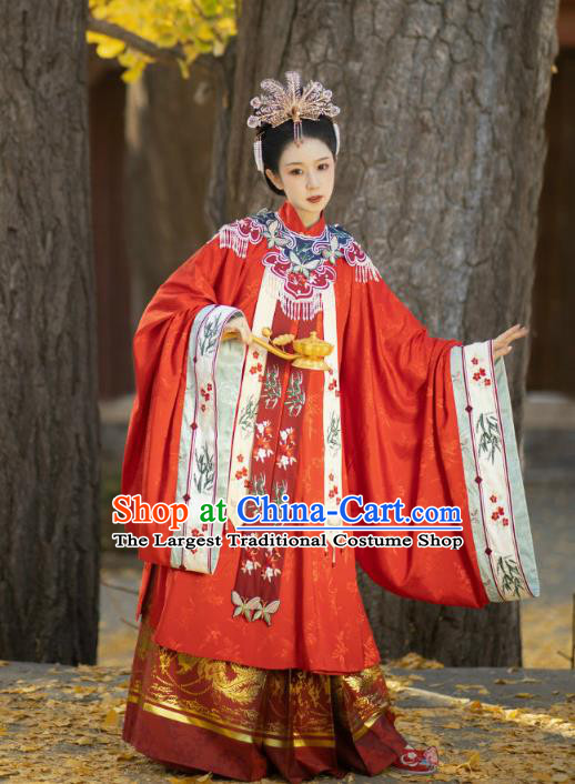 China Traditional Wedding Hanfu Garments Ming Dynasty Imperial Consort Embroidered Red Dress Ancient Noble Woman Historical Clothing