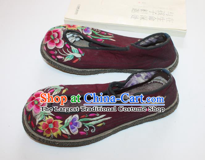 Chinese Handmade National Woman Shoes Folk Dance Dark Red Cloth Shoes Traditional Embroidered Shoes