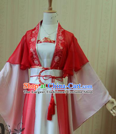 China Cosplay Swordswoman Jun Fu Clothing Ancient Palace Lady Garments Traditional Jin Dynasty Princess Red Hanfu Dress