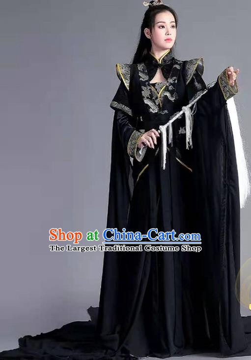 China Ancient Taoist Nun Garments Traditional Song Dynasty Black Hanfu Dress Cosplay Swordswoman Xuan Nv Clothing