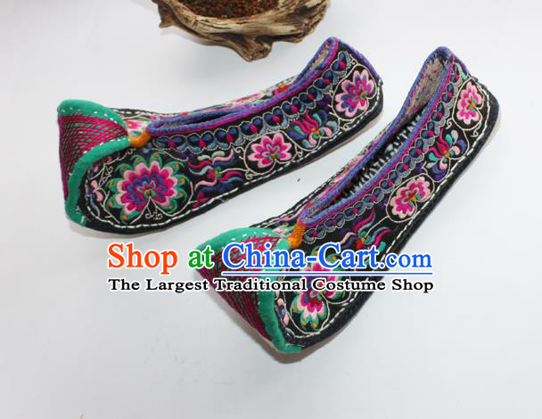 Chinese Traditional Black Cloth Shoes Handmade Full Embroidered Shoes Shui Nationality Shoes Yunnan Ethnic Court Shoes