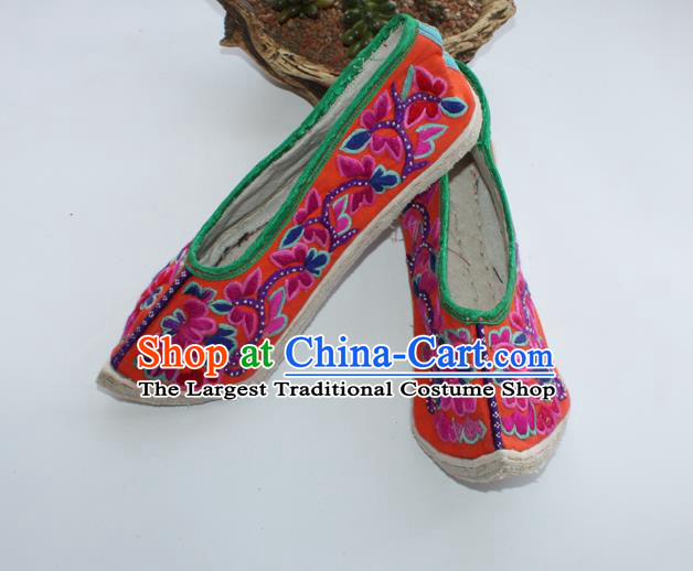 Chinese Handmade Ethnic Strong Cloth Soles Shoes Shui Nationality Embroidered Shoes Yunnan Woman Orange Shoes