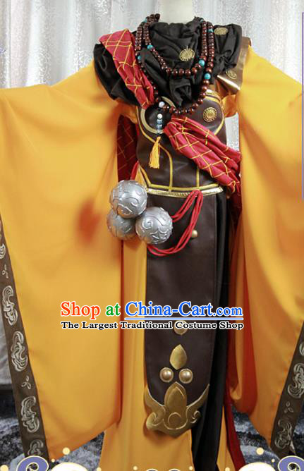 Chinese Traditional Myth Warrior Apparels Ancient Swordsman Garment Costumes Cosplay Monk Yellow Robe Clothing