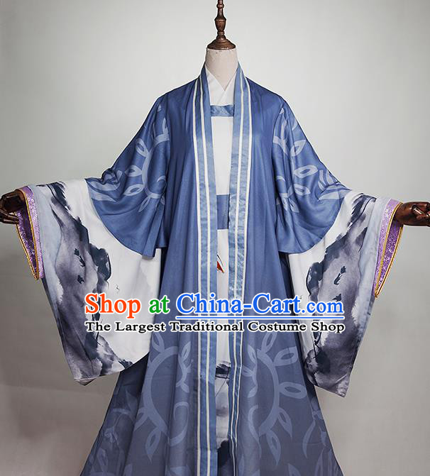 Chinese Cosplay Knight Blue Clothing Traditional Jin Dynasty Scholar Apparels Ancient Swordsman Garment Costumes