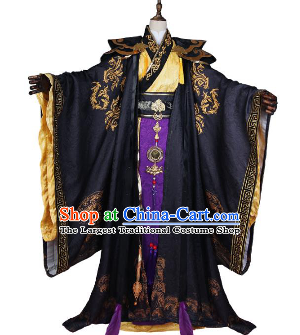 Chinese Traditional Qin Dynasty Monarch Apparels Ancient Emperor Black Garment Costumes Cosplay King Clothing