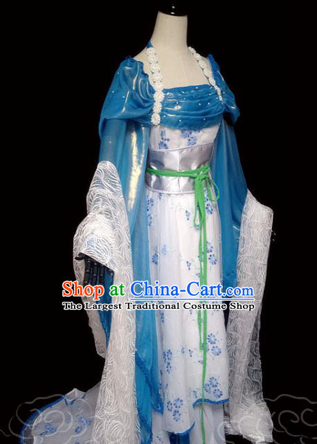 China Traditional Song Dynasty Princess Blue Hanfu Dress Cosplay Drama Seven Fairy Qing Er Clothing Ancient Goddess Garments