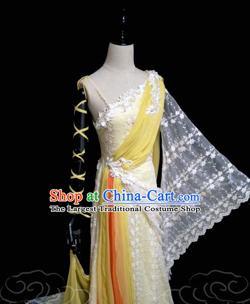 China Traditional Dance Performance Yellow Hanfu Dress Cosplay Drama Seven Fairy Huang Er Clothing Ancient Goddess Princess Garments